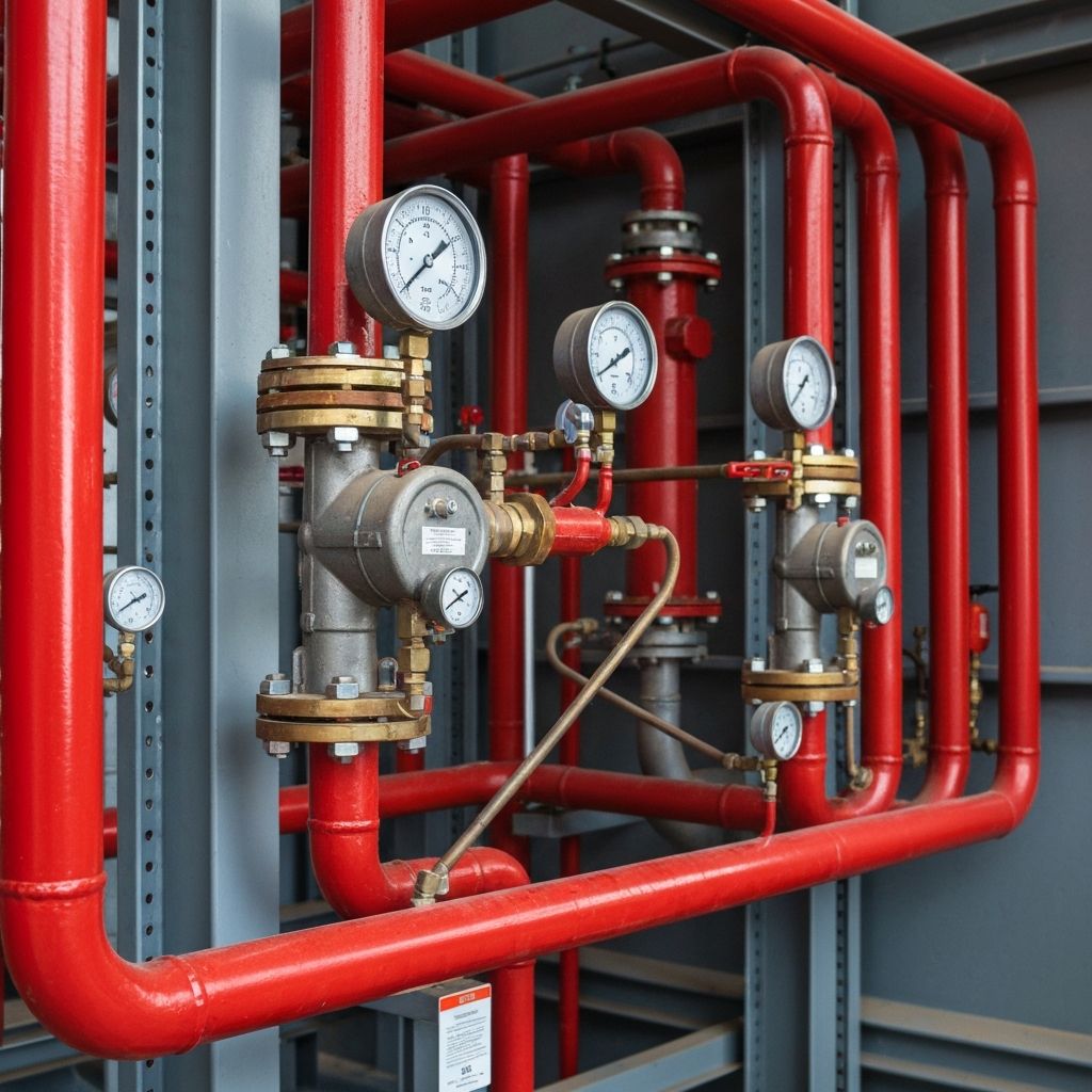 Red fire suppression pipe system with gauges and valves in an industrial facility